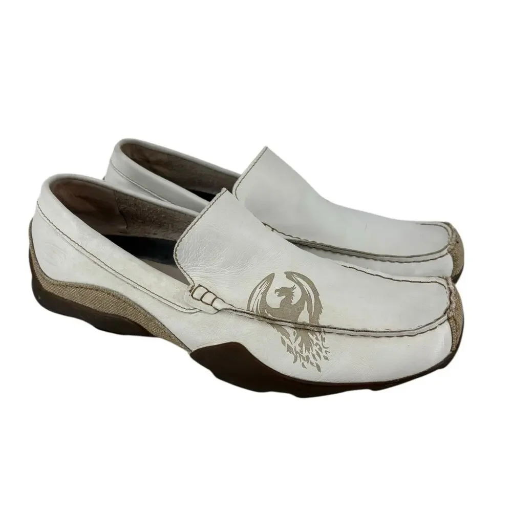 Vintage Y2K Skechers White Leather Driving Moc Mens 10.5 Streetwear Skate Dragon